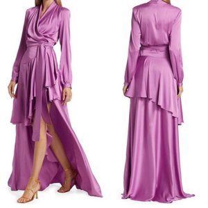 PatBo Orchid High Low Satin Ruffle Wrap Gown